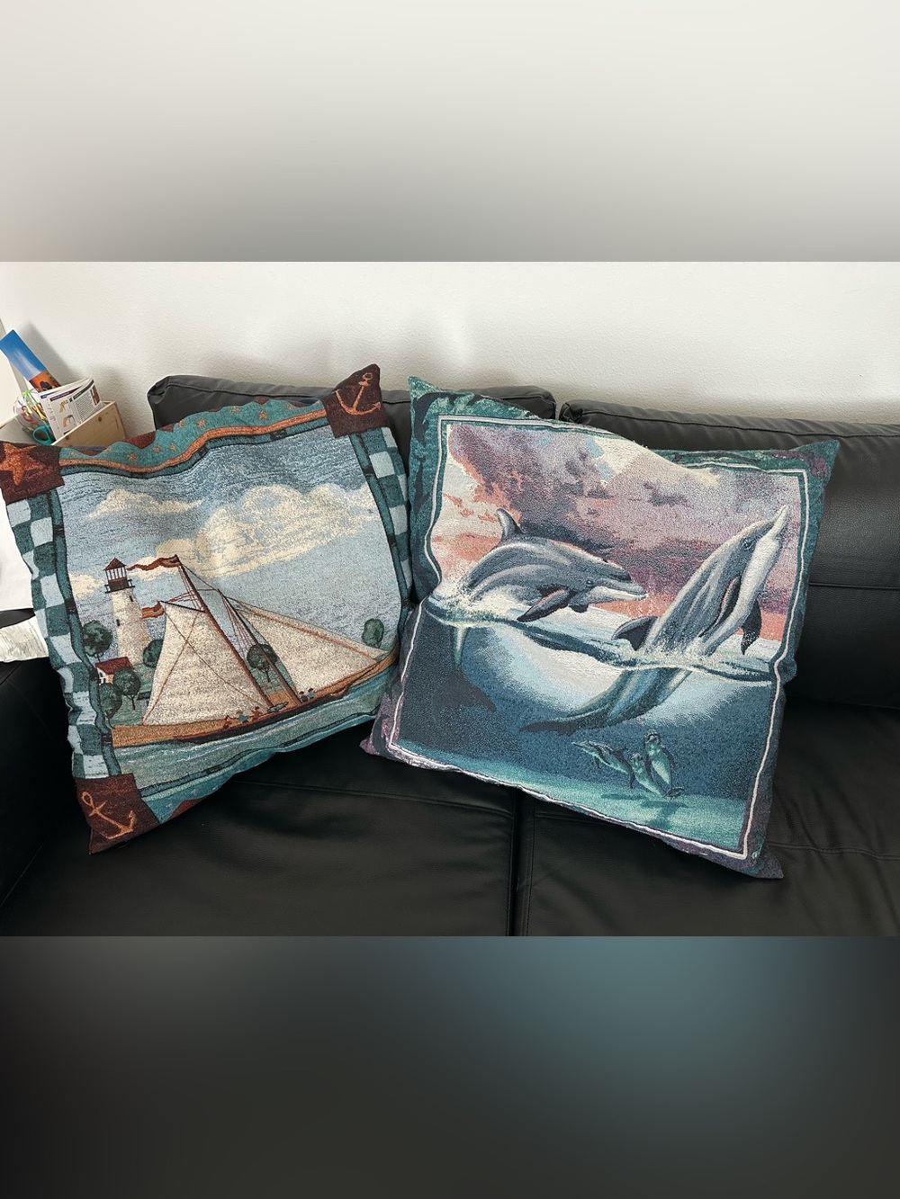 2 Vtg Tapestry Pillows 16" × 14” Nautical Coastal Sailboat Dolphins Blue-Green.